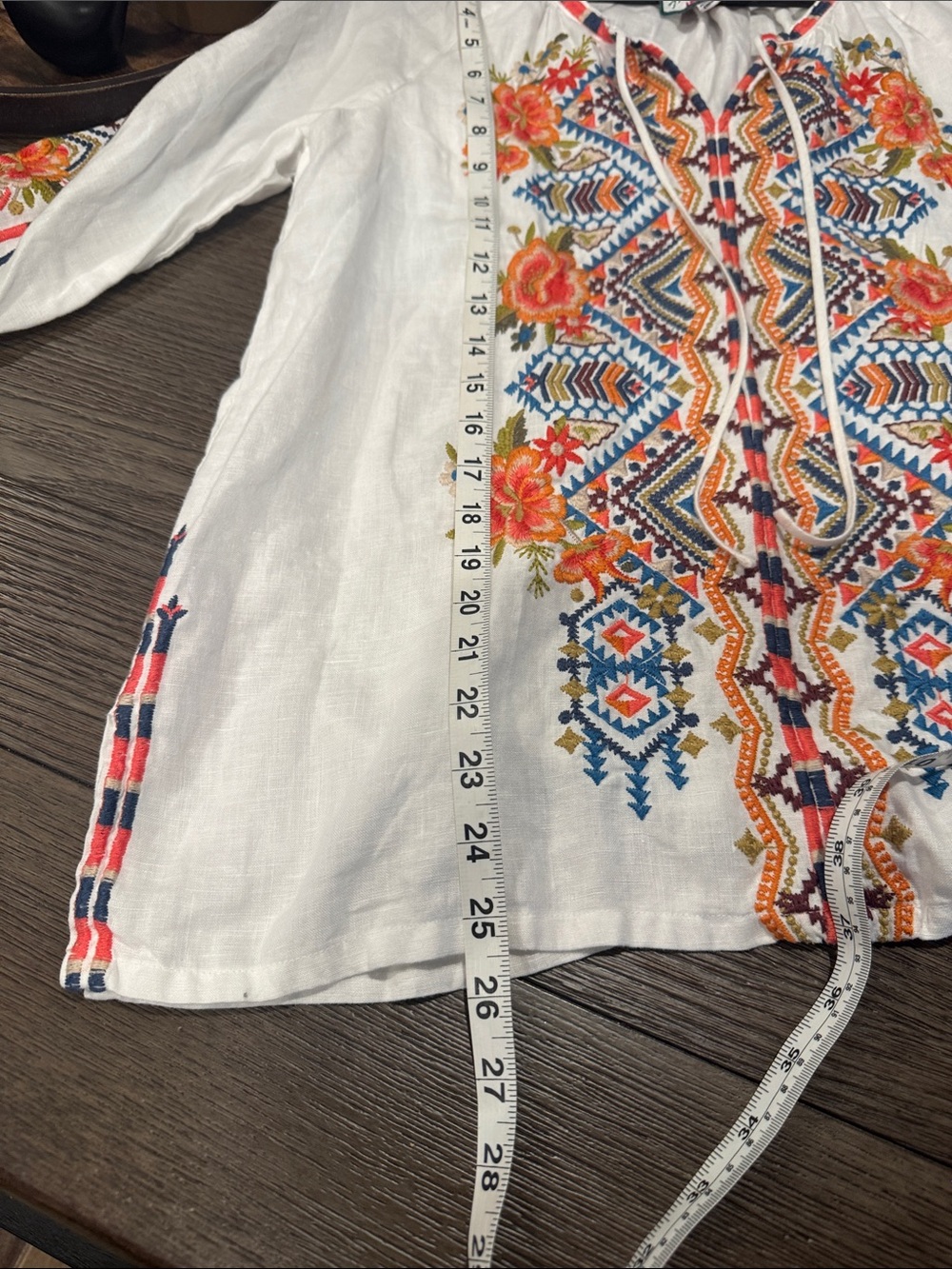 Johnny Was embroidered boho Peasant Top - White with Orange & Blue Floral detail - Picture 7 of 7